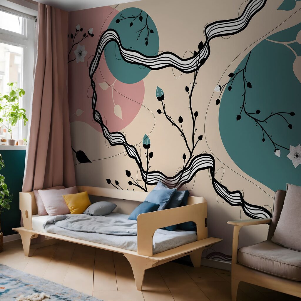 Ramuri printre linii curbe într-un interior