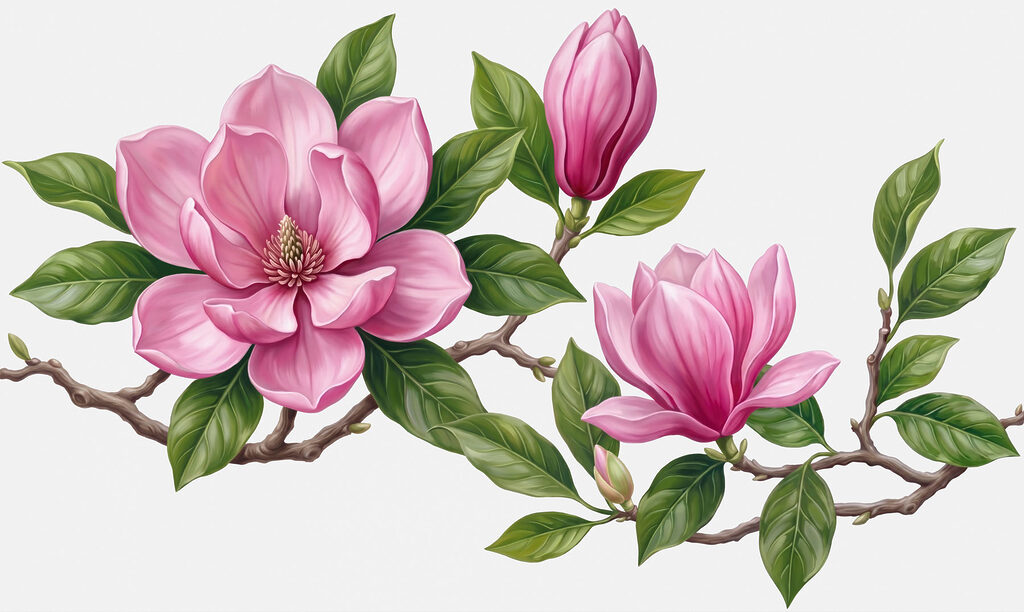 Magnolii roz pe ramuri — design complet
