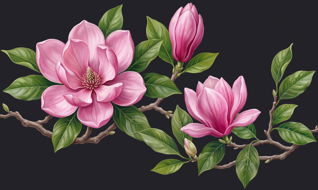 Magnolii roz pe ramuri — design complet