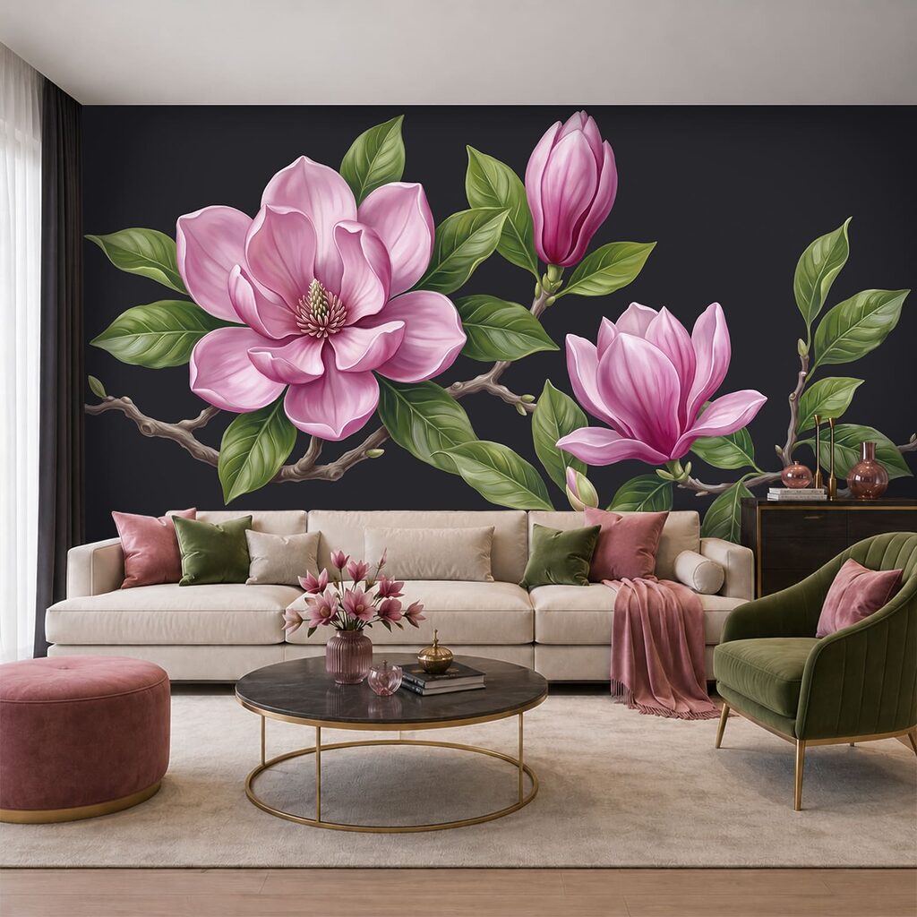 Magnolii roz pe ramuri într-un interior