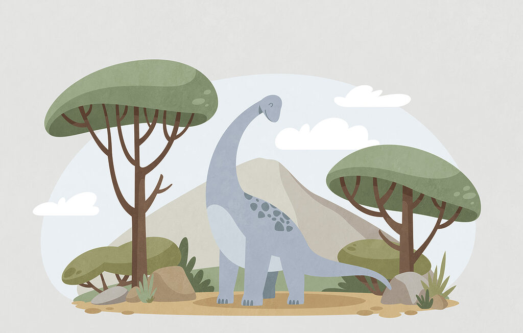 Dinozaur printre copaci — design complet