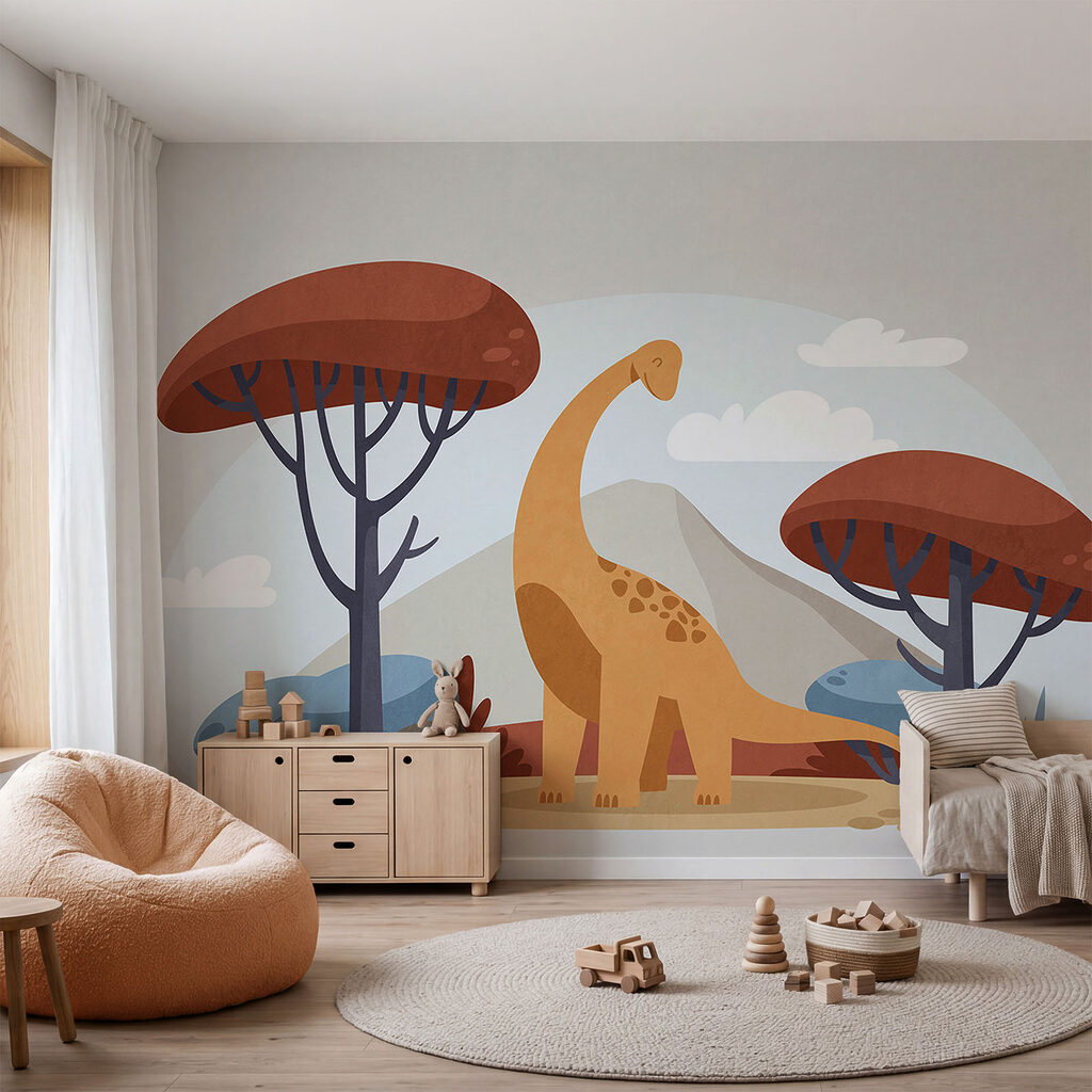 Dinozaur printre copaci într-un interior