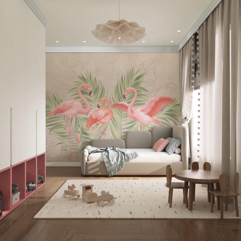 Trei flamingi printre frunze — interior 3