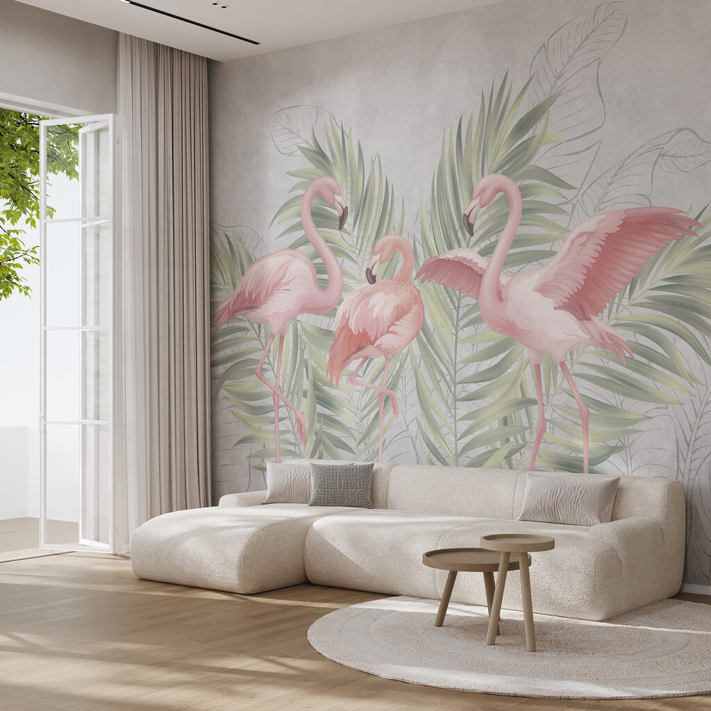 Trei flamingi printre frunze — interior 1