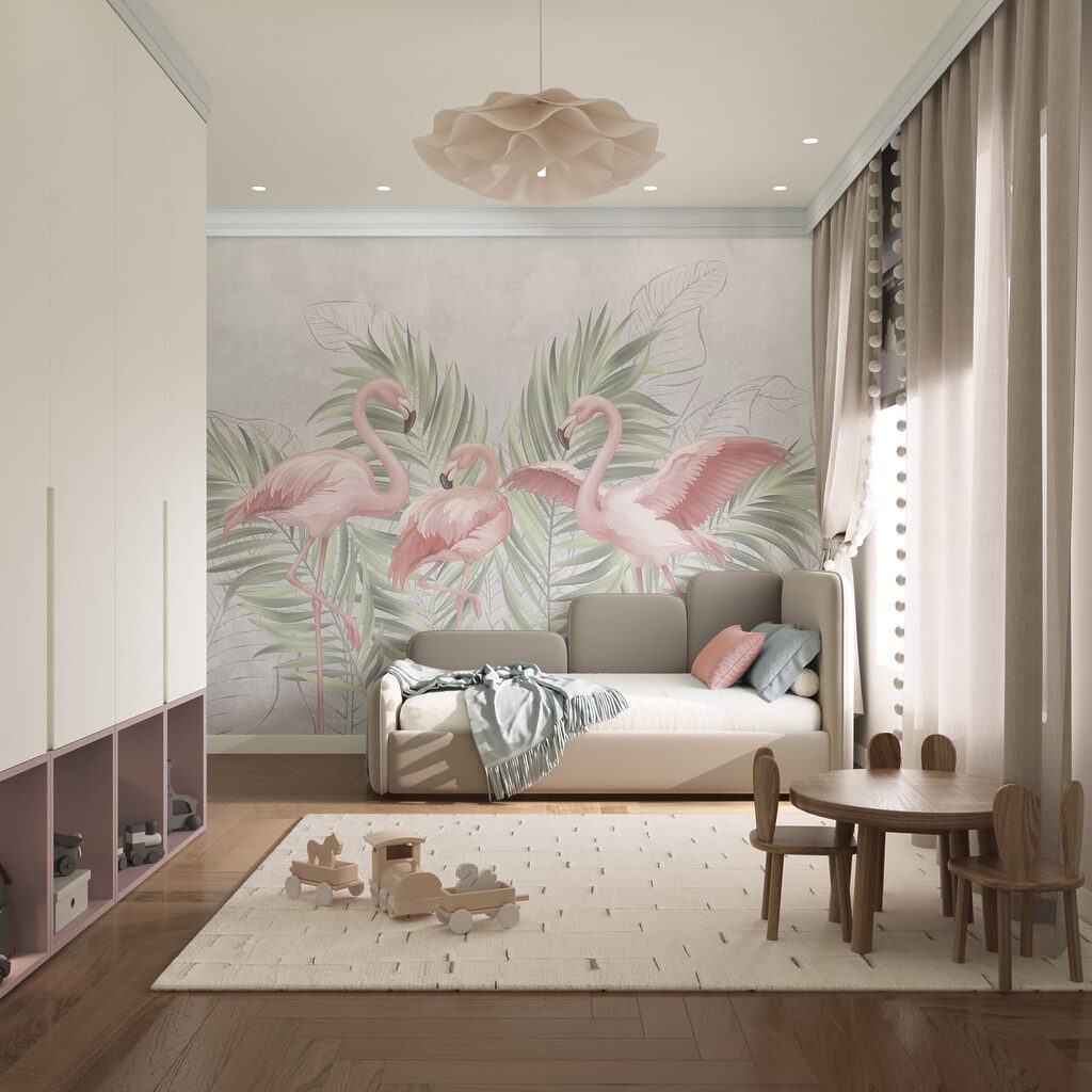 Trei flamingi printre frunze — interior 3