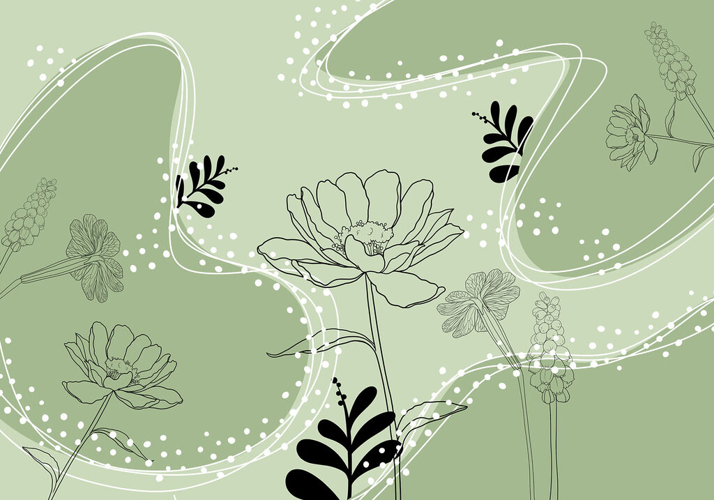 Flori printre curbe punctate — design complet