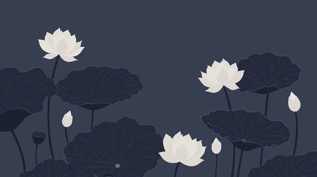 Lotuși albi pe albastru — design complet