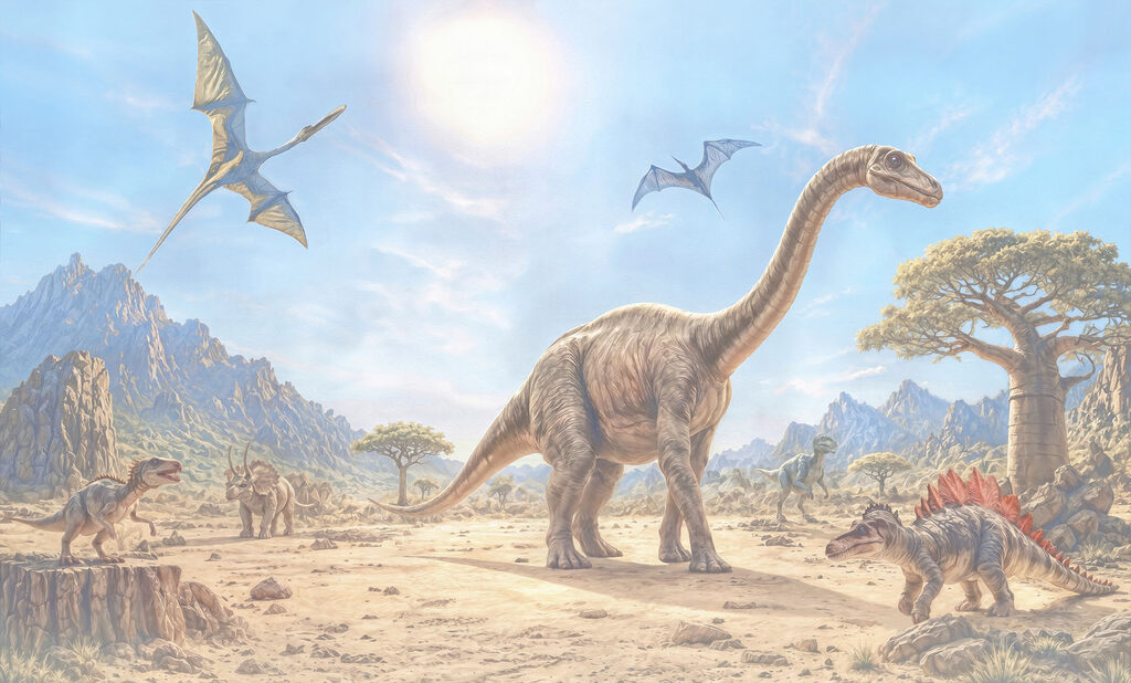Dinozauri în peisaj însorit — design complet