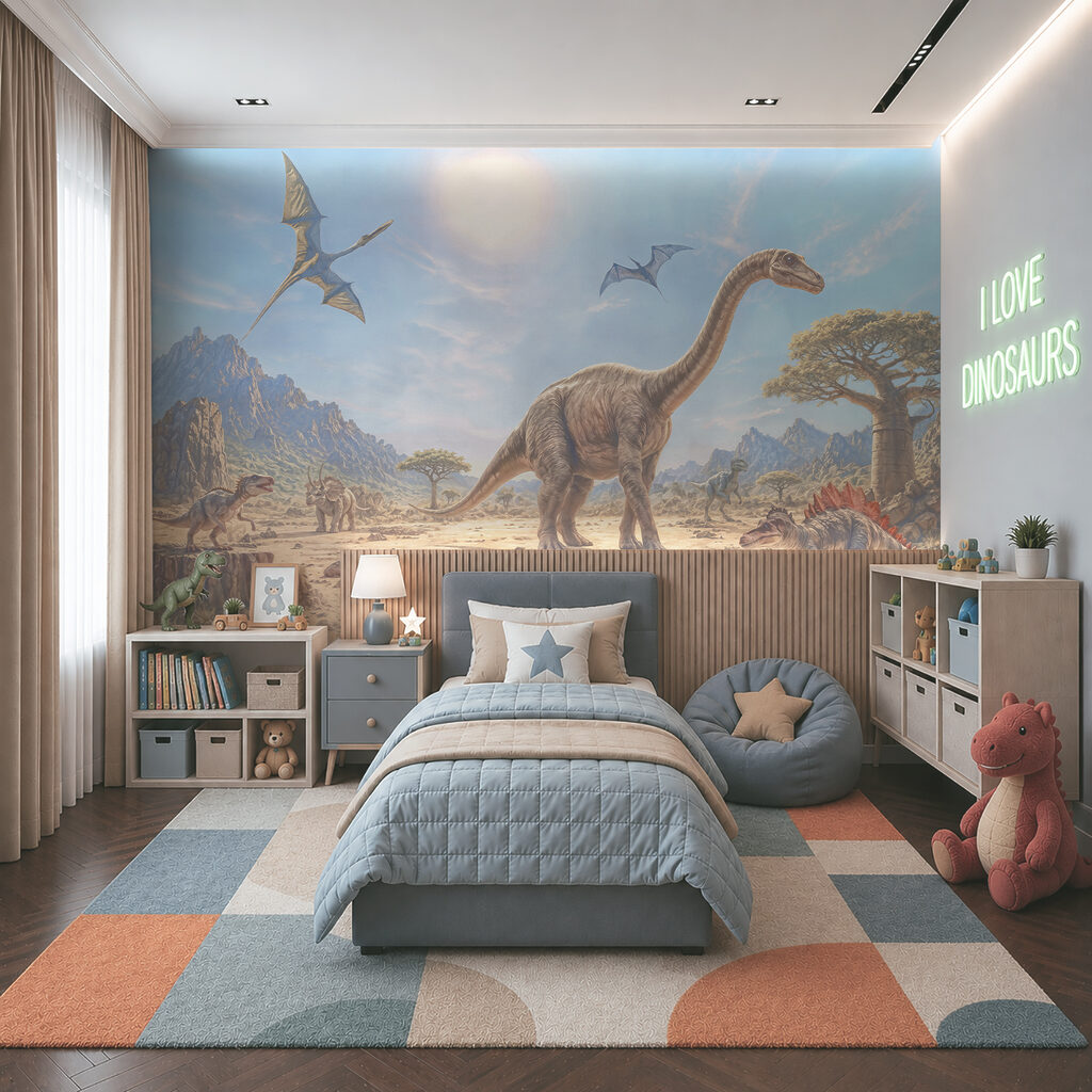 Dinozauri în peisaj însorit într-un interior