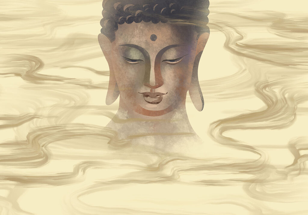 Buddha printre curenți aurii — design complet