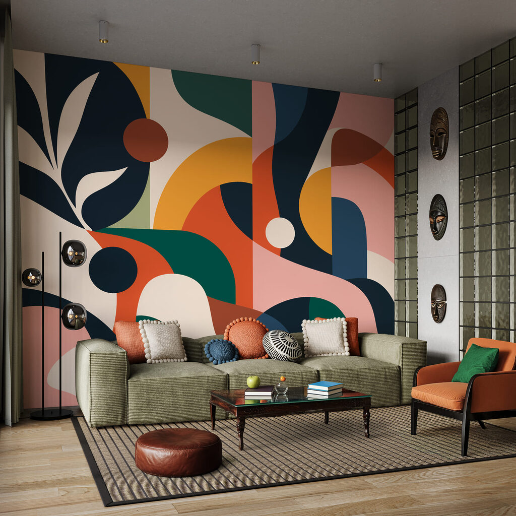 Benzi colorate și frunze într-un interior