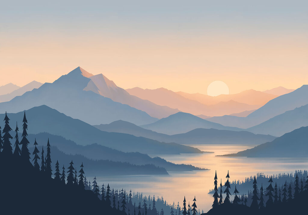 Lac montan la apus — design complet