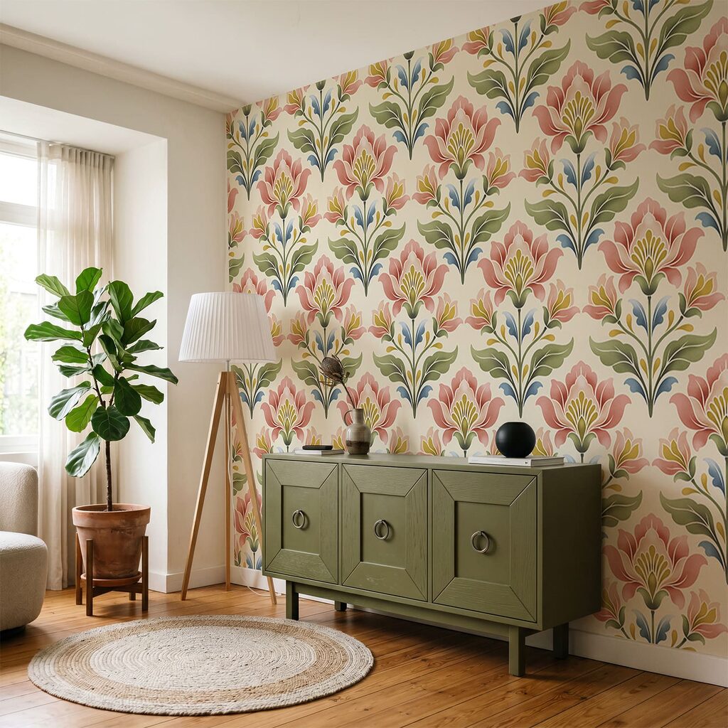 Evantaie florale în rânduri într-un interior