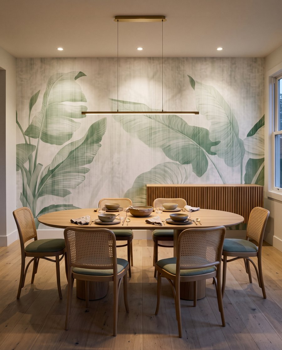 Frunze tropicale pe alb — interior 1