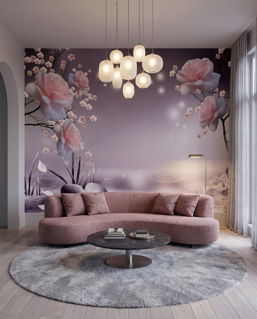 Flori roz, forme rotunde într-un interior