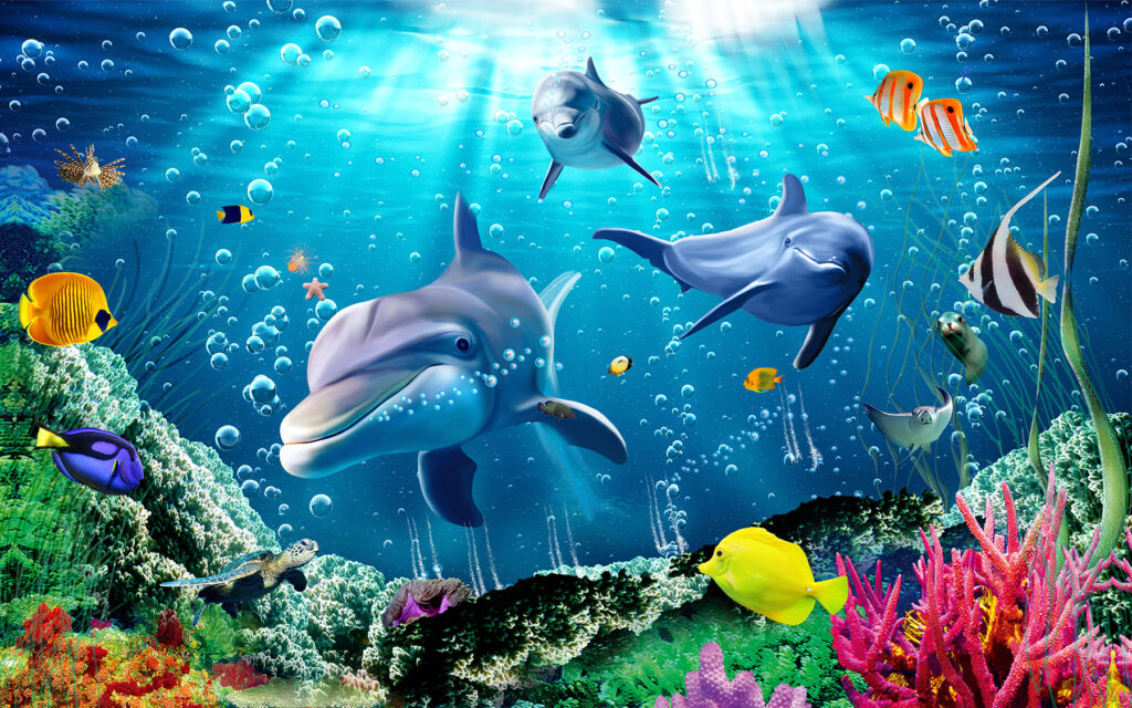 Delfini sub lumină strălucitoare — design complet