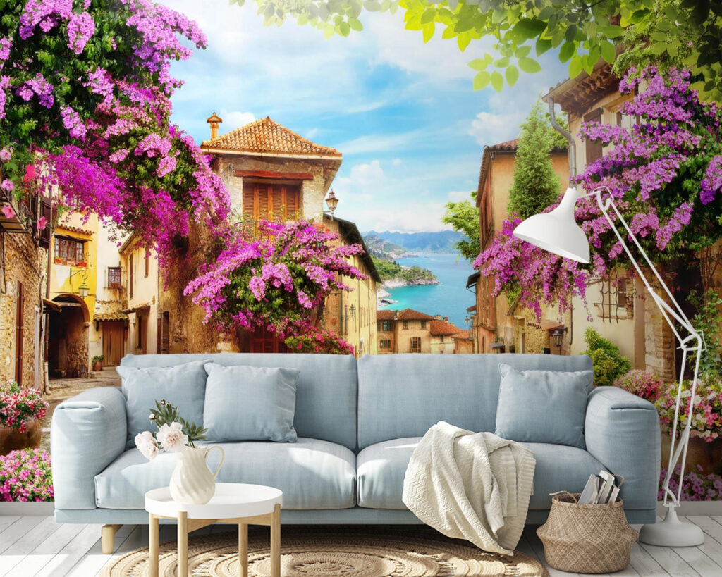 Străduță florală spre mare într-un interior