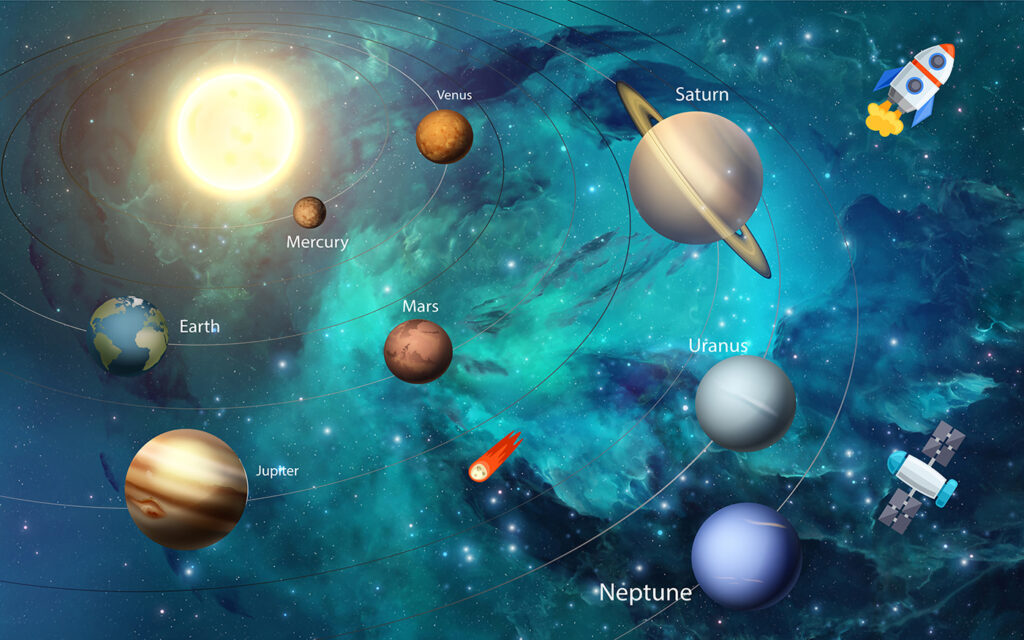 Planete și o rachetă — design complet