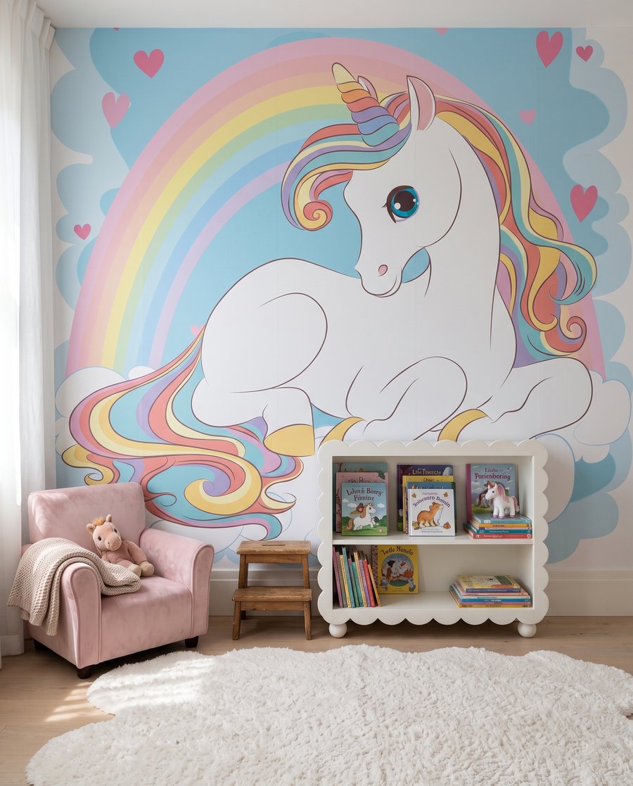 Unicorn sub curcubeu într-un interior
