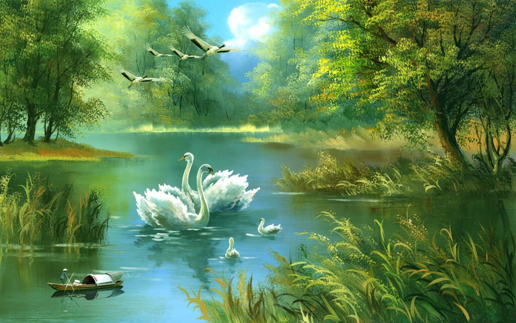 Lebede pe lac forestier — design complet