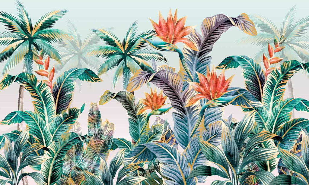 Frunze tropicale cu flori — design complet