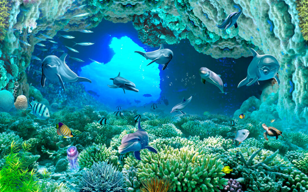 Delfini printre corali — design complet