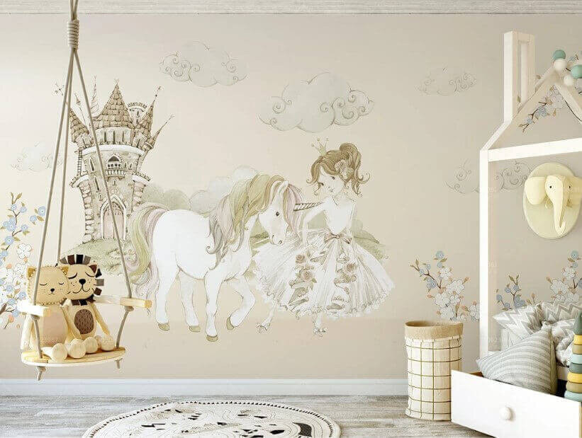 Prințesa și unicornul într-un interior