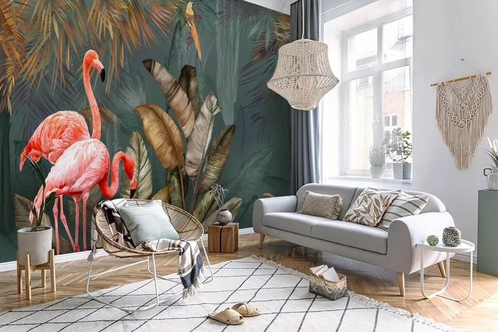 Flamingi în frunziș într-un interior