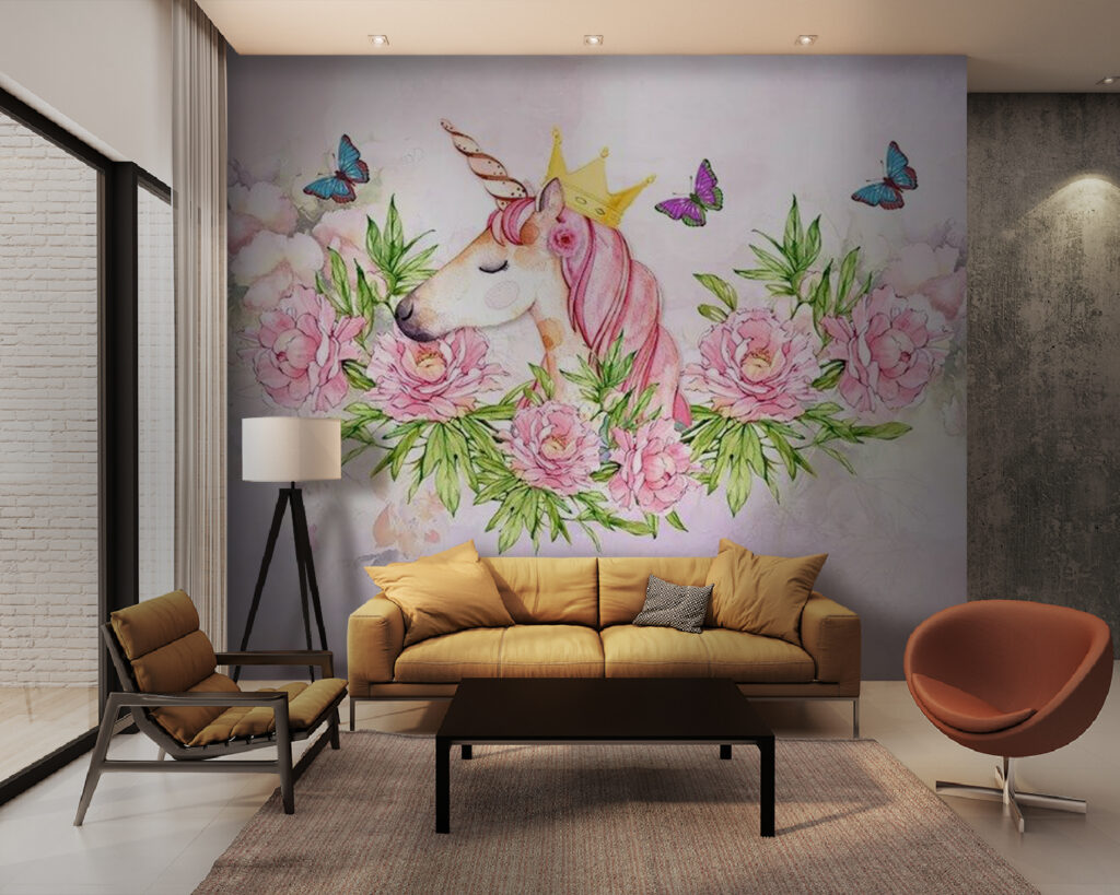 Unicorn printre trandafiri într-un interior
