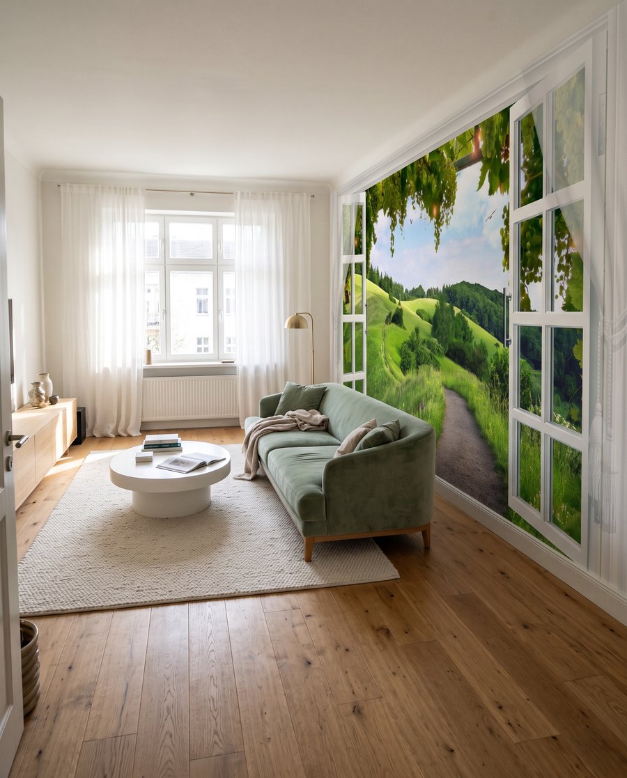 Fereastră spre dealuri verzi — interior 2