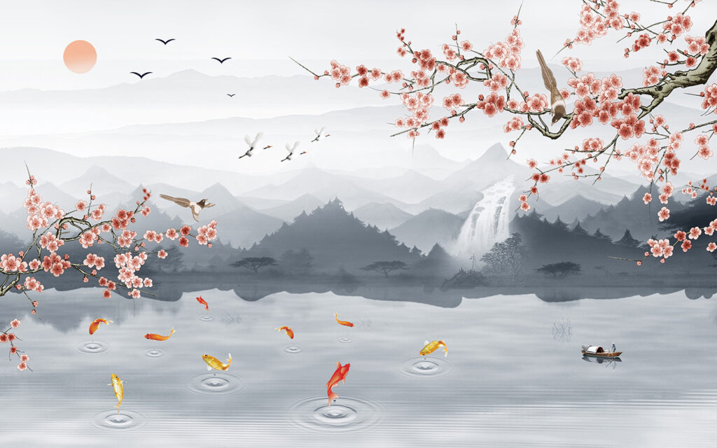 Pești ornamentali pe lac — design complet