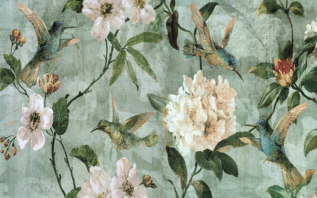 Colibri printre flori vintage — design complet