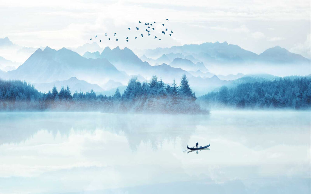 Barcă pe lac montan — design complet