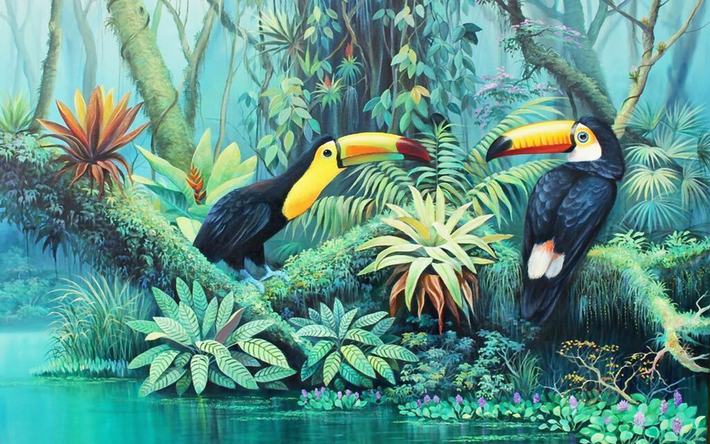 Tucani lângă apă tropicală — design complet