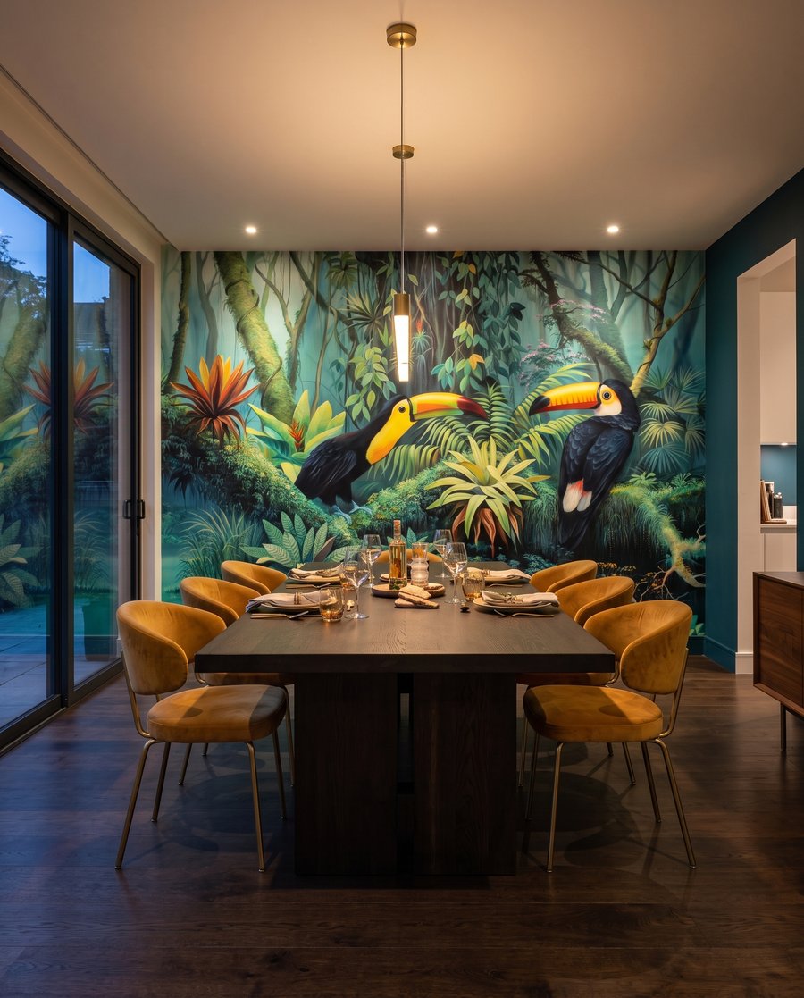 Tucani lângă apă tropicală într-un interior
