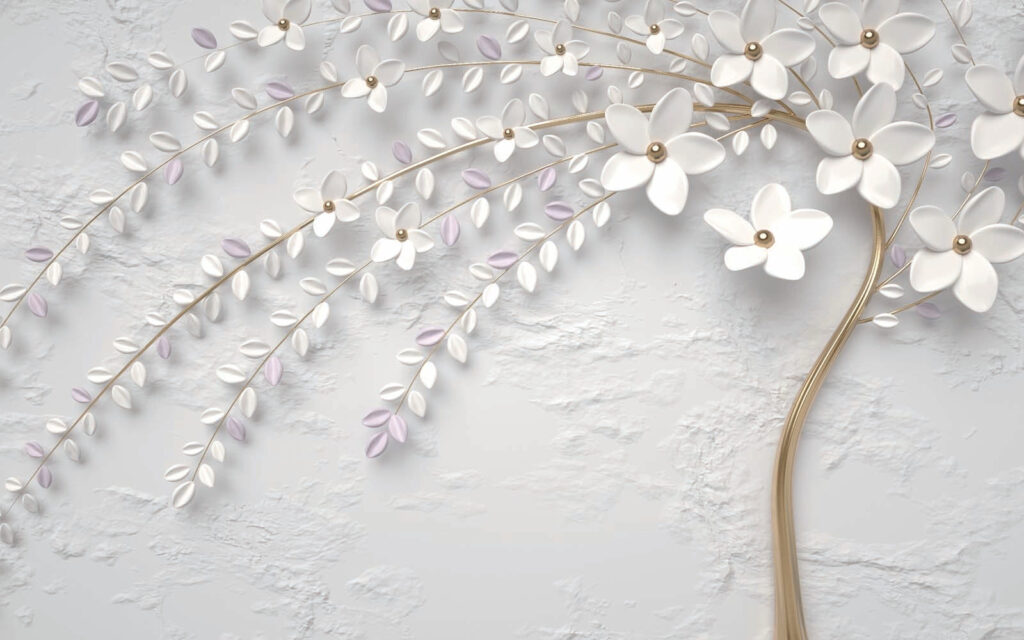 Arbore subțire, flori albe — design complet