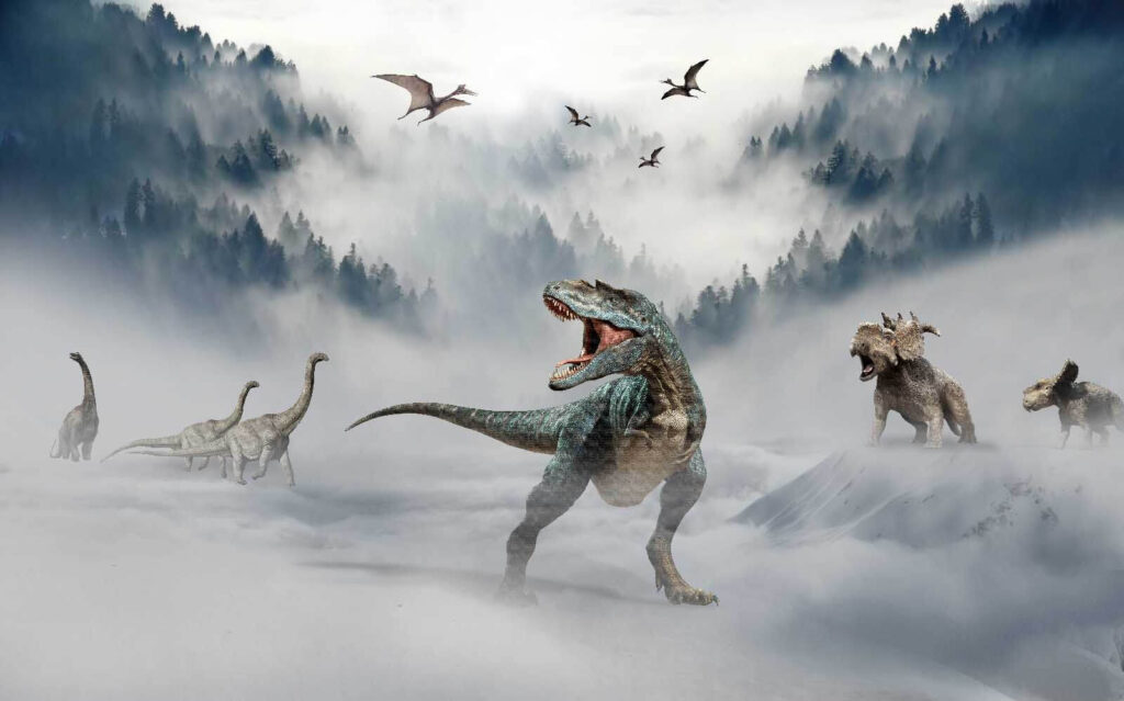 Dinozauri în ceața munților — design complet