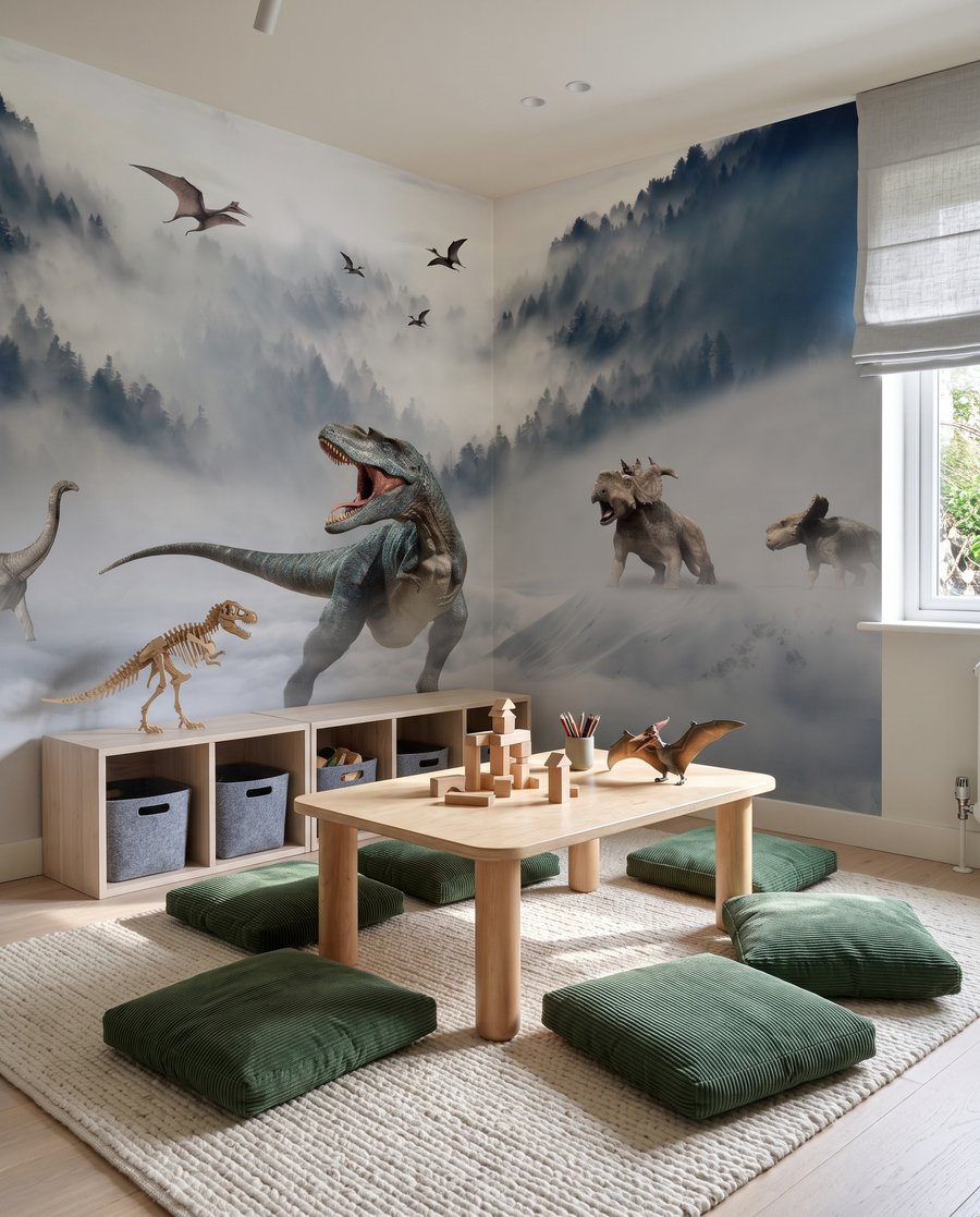 Dinozauri în ceața munților într-un interior