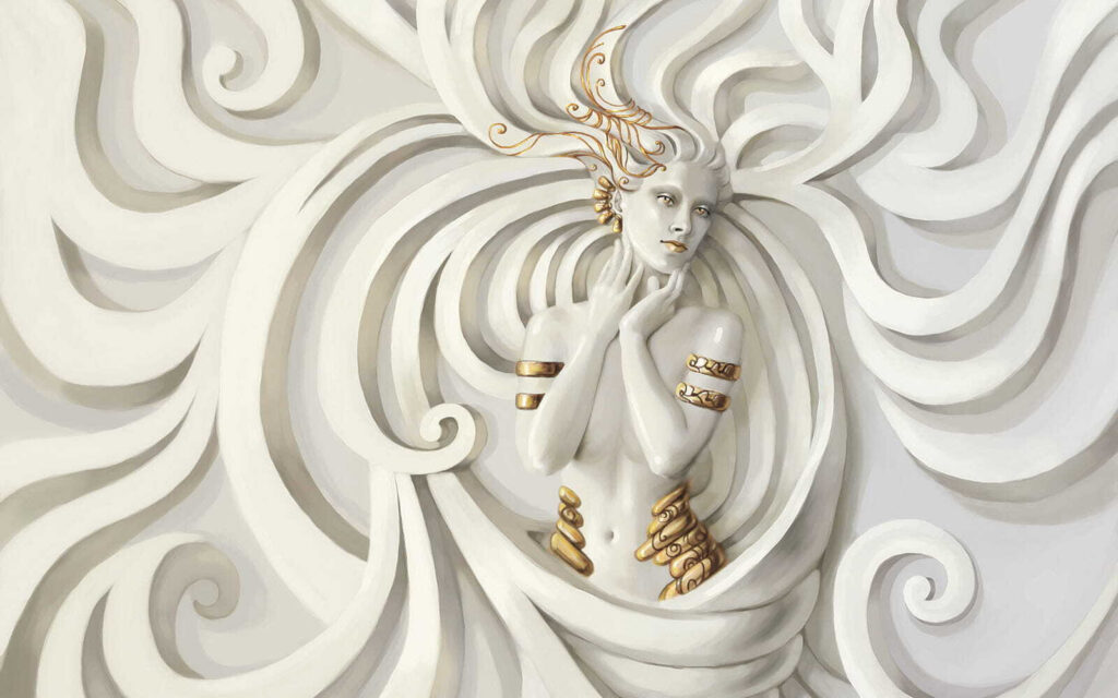 Femeie printre volute albe — design complet