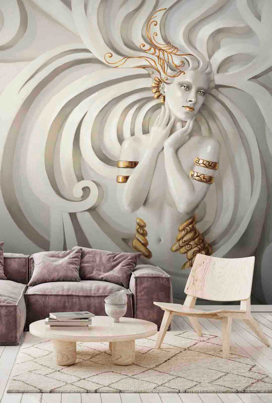 Femeie printre volute albe — interior 1