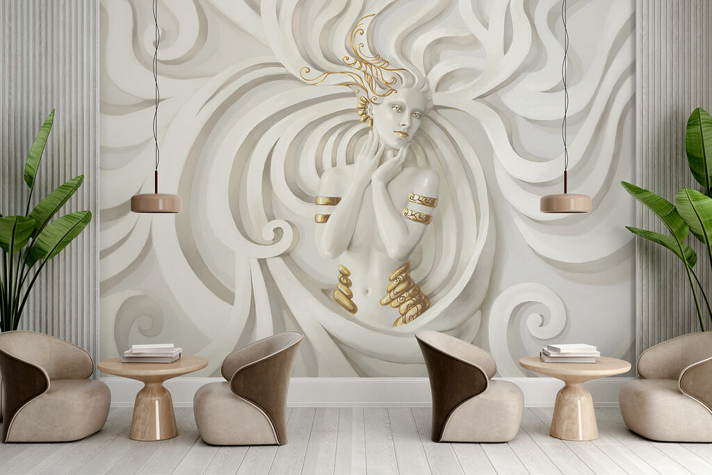 Femeie printre volute albe — interior 3