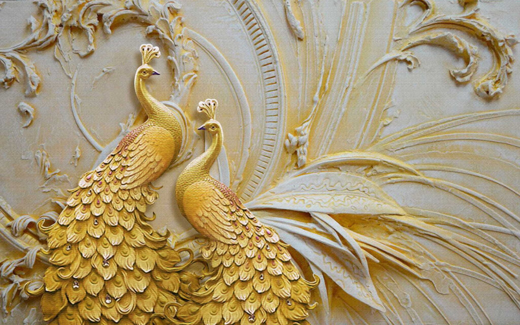 Păuni aurii în relief — design complet