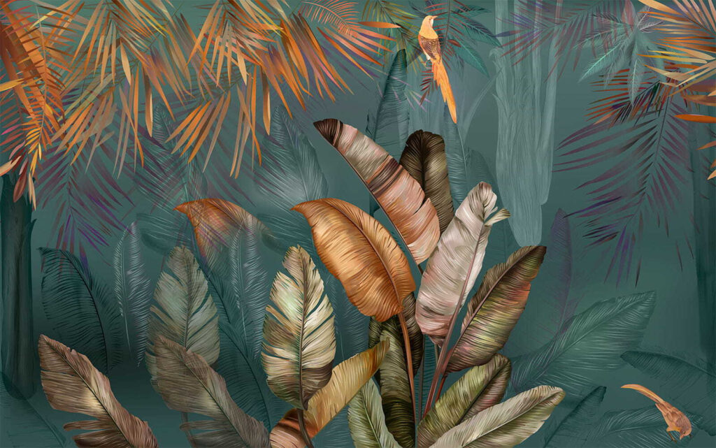Frunze tropicale cu păsări — design complet