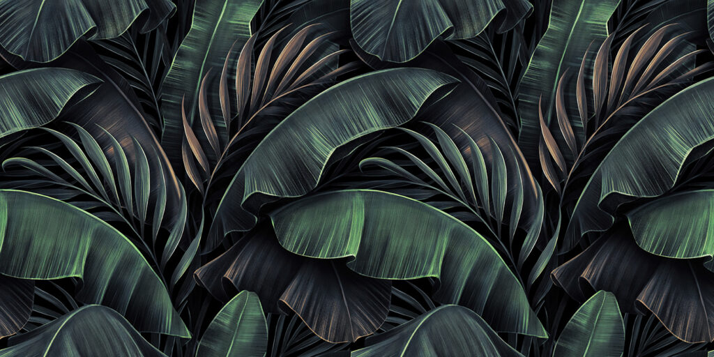 Frunze tropicale pe negru — design complet