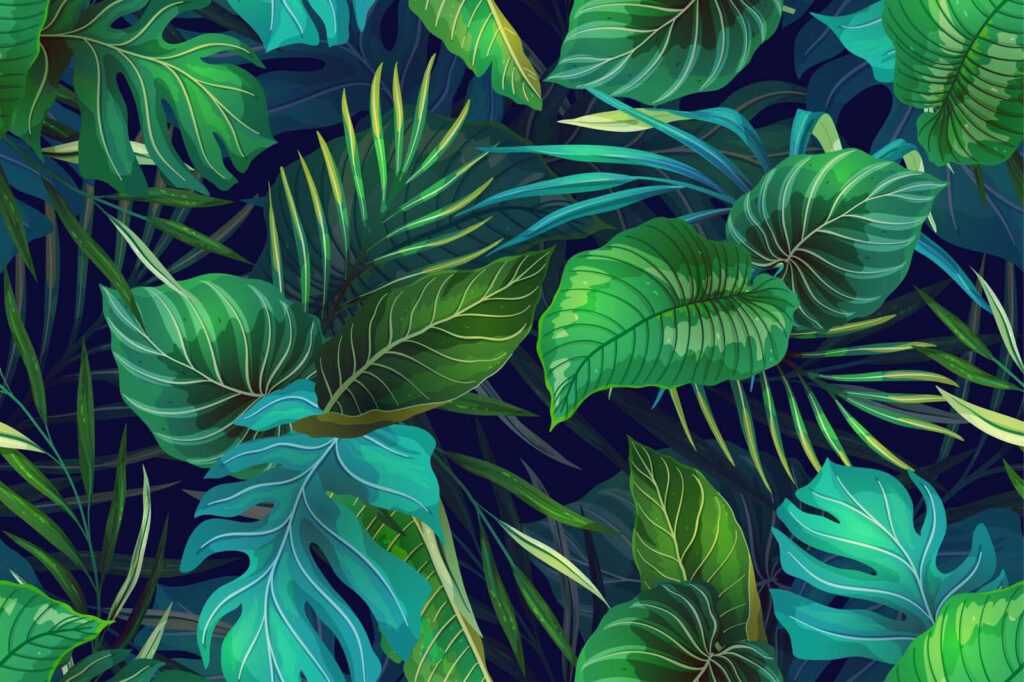 Frunze tropicale pe albastru — design complet