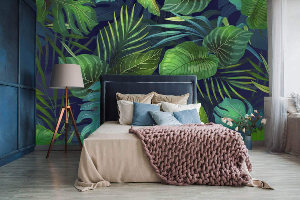 Frunze tropicale pe albastru — interior 2