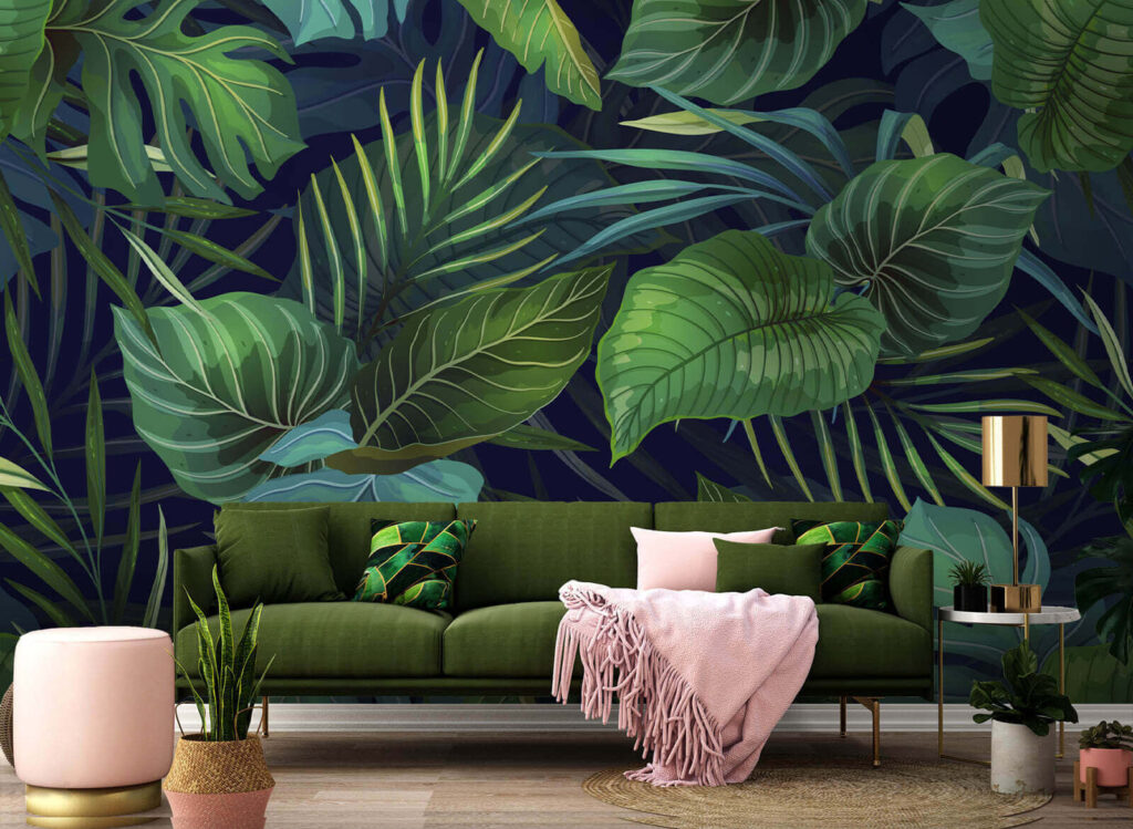 Frunze tropicale pe albastru — interior 1