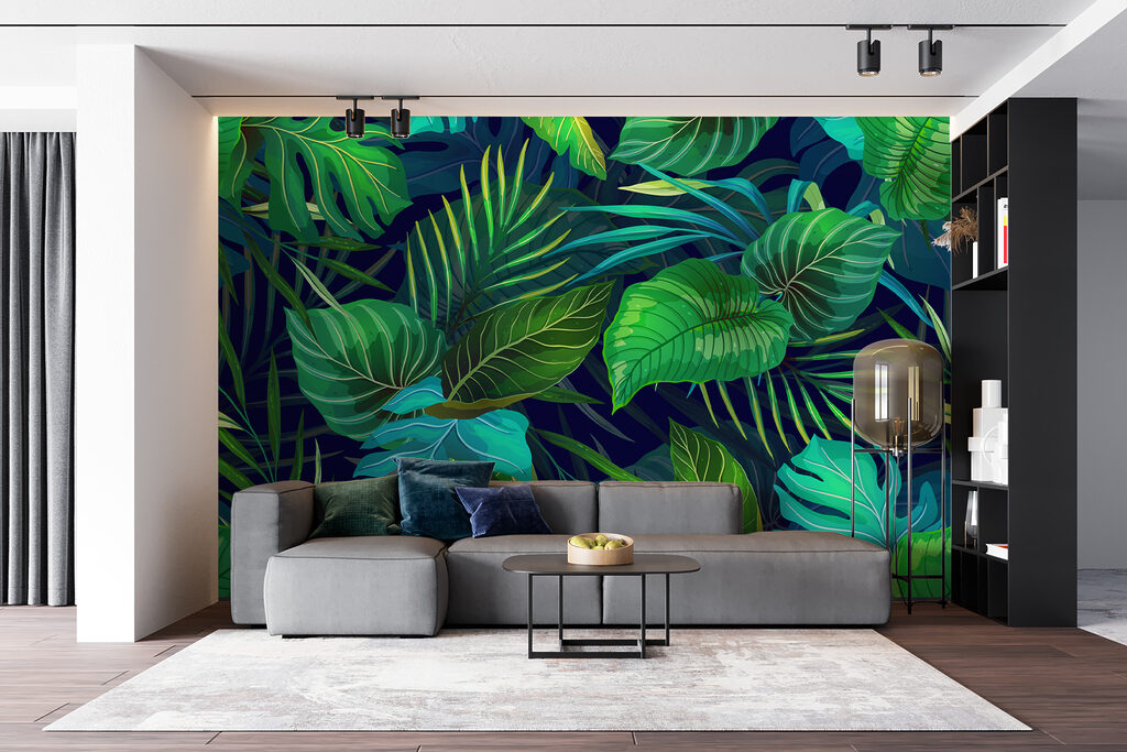 Frunze tropicale pe albastru — interior 3