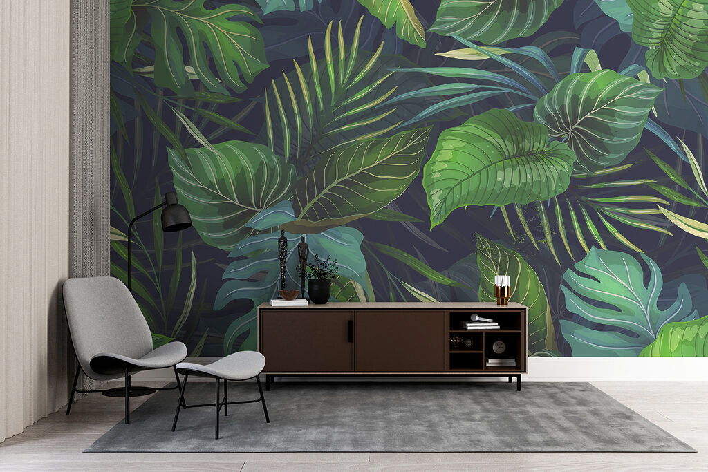 Frunze tropicale pe albastru — interior 5