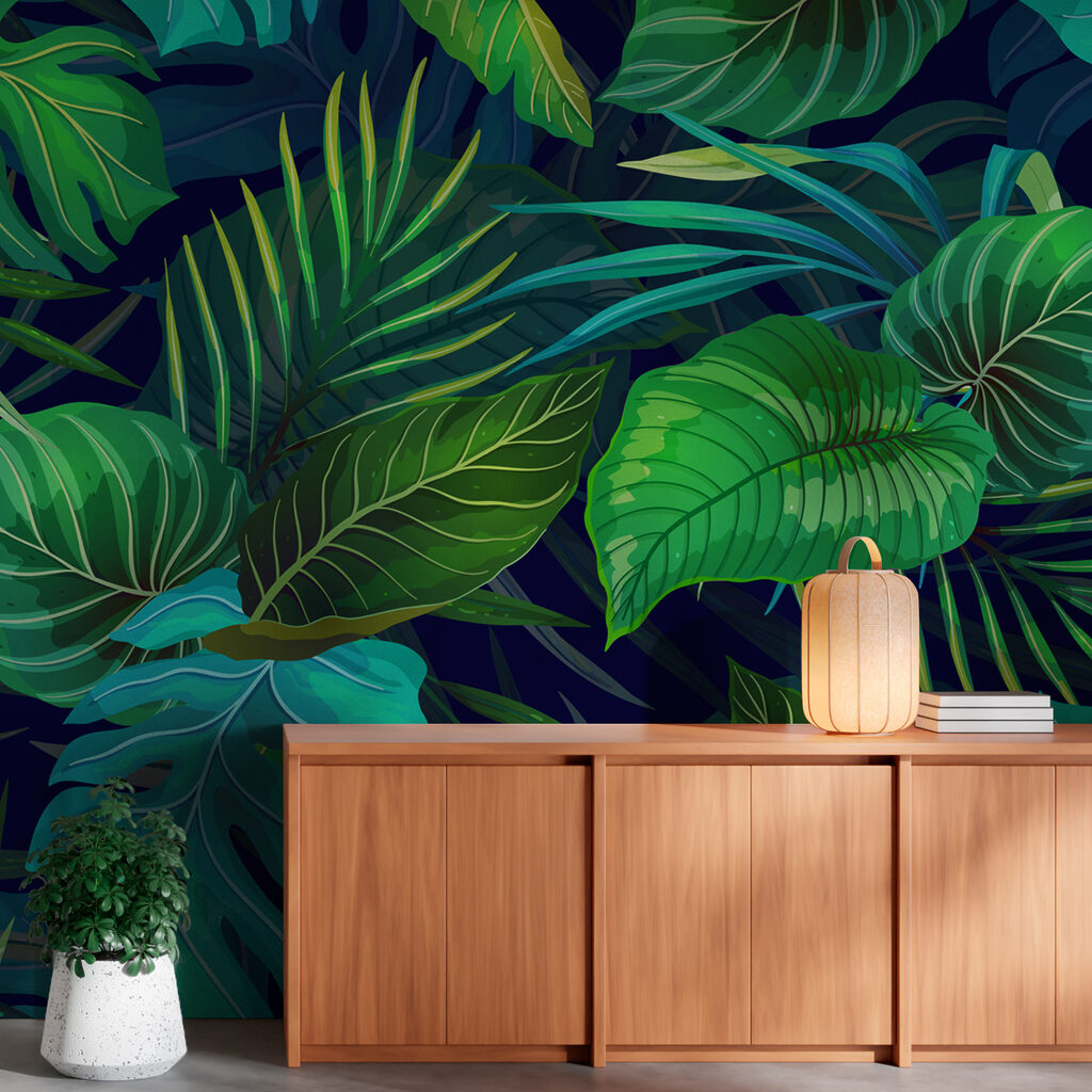 Frunze tropicale pe albastru — interior 6